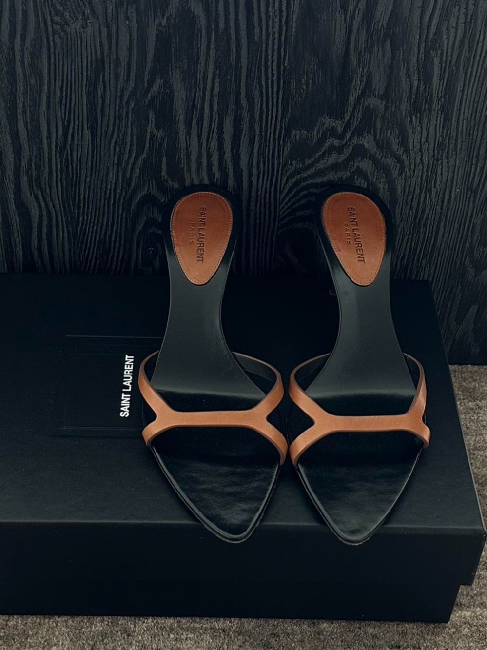 Saint Laurent Black and Brown Leather Slide Heels